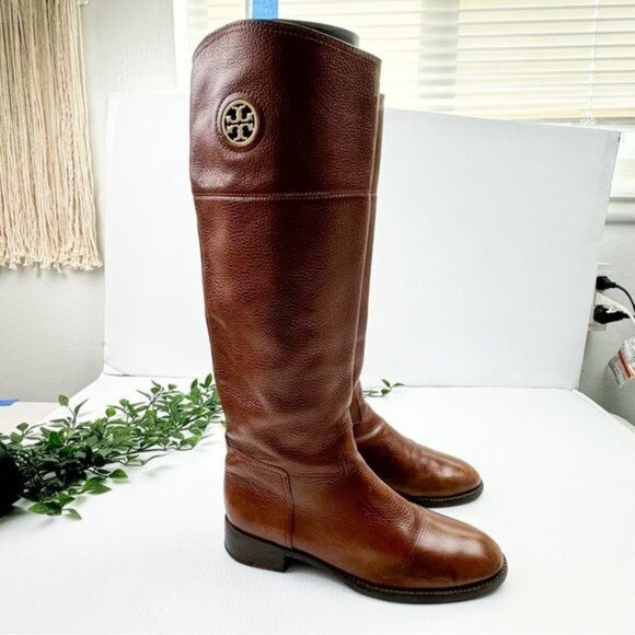 Tory Burch Knee High Junction Leather Riding Boots Brown - Picture 3 of 15